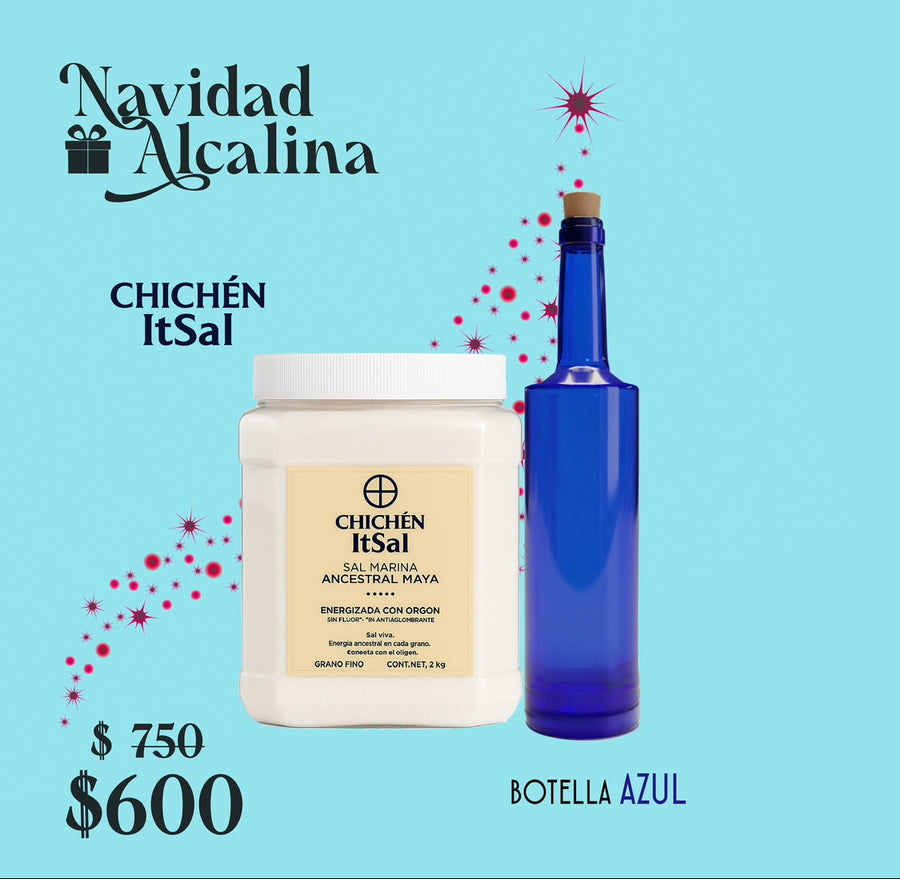 Kit Navideño Agua Estructurada – Chichén ItSal + Botella Vidrio Azul