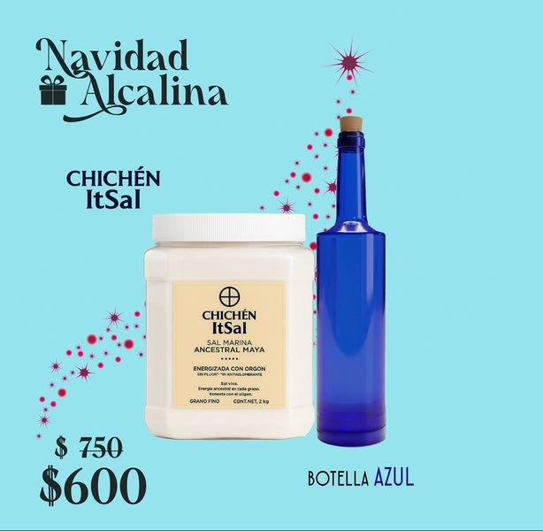 Kit Navideño Agua Estructurada – Chichén ItSal + Botella Vidrio Azul